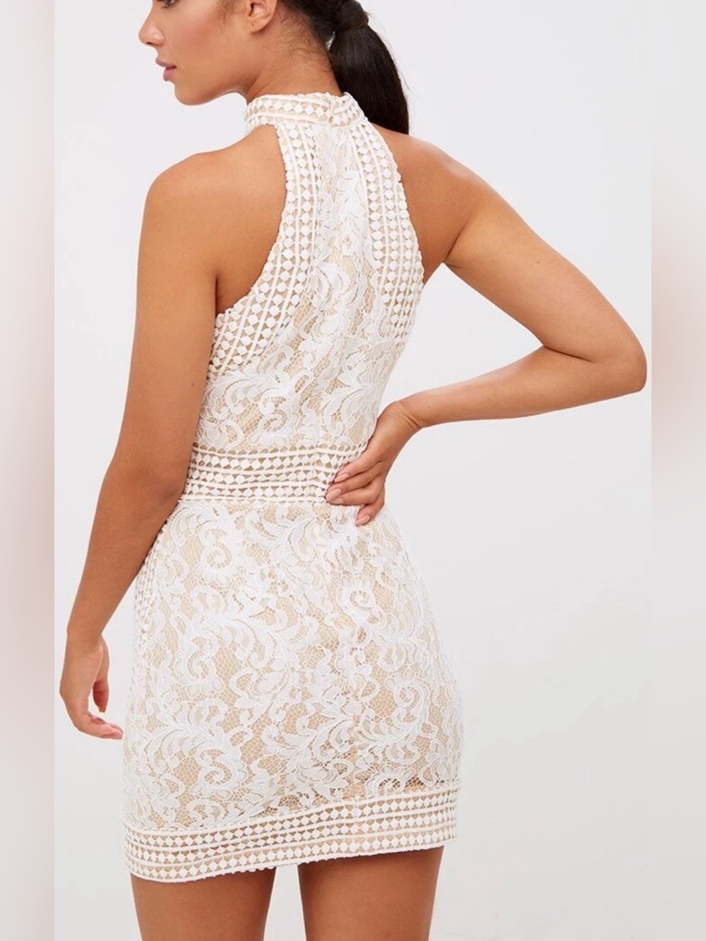 Pretty Little Things White High Neck Crochet Bodycon Dress Size 6 NWT’s - Picture 2 of 9